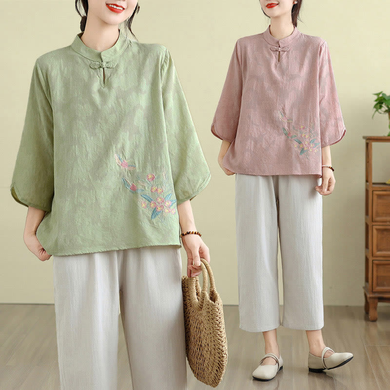 Buddha Stones Flower Embroidery Three Quarter Sleeve One Frog-Button Mandarin Collar Cotton Women's Shirt - image 27