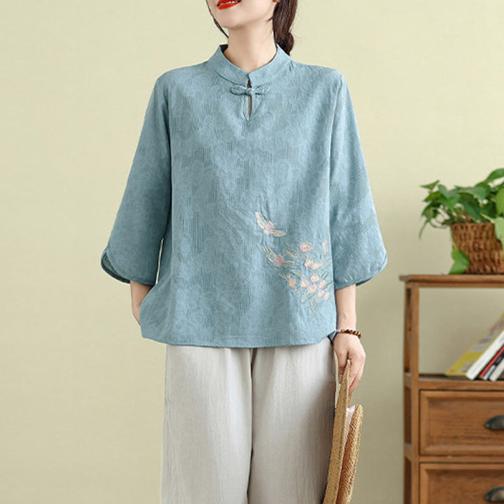 Buddha Stones Flower Embroidery Three Quarter Sleeve One Frog-Button Mandarin Collar Cotton Women's Shirt - image 11