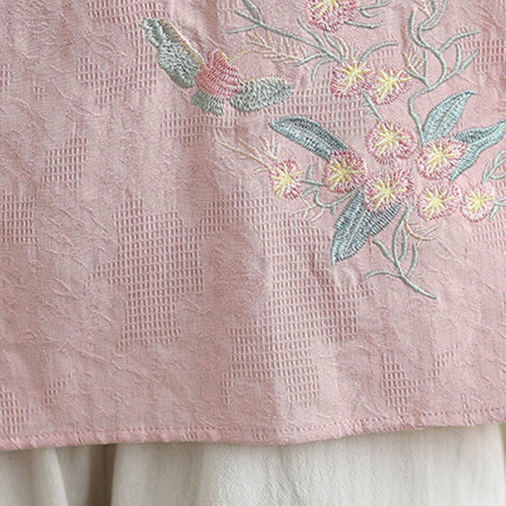 Buddha Stones Flower Embroidery Three Quarter Sleeve One Frog-Button Mandarin Collar Cotton Women's Shirt - image 25