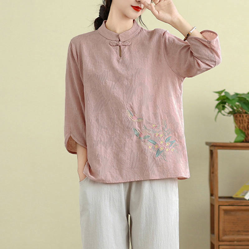 Buddha Stones Flower Embroidery Three Quarter Sleeve One Frog-Button Mandarin Collar Cotton Women's Shirt - image 18