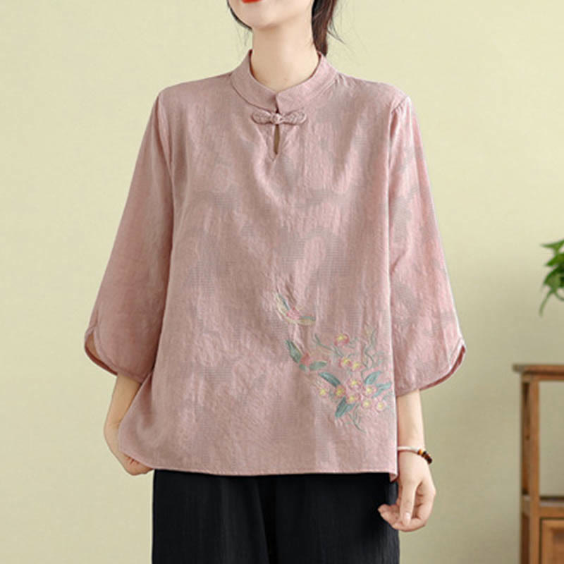 Buddha Stones Flower Embroidery Three Quarter Sleeve One Frog-Button Mandarin Collar Cotton Women's Shirt - image 20