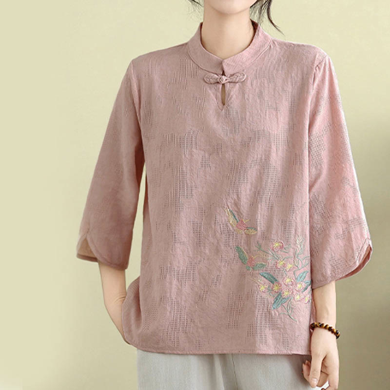 Buddha Stones Flower Embroidery Three Quarter Sleeve One Frog-Button Mandarin Collar Cotton Women's Shirt - image 17