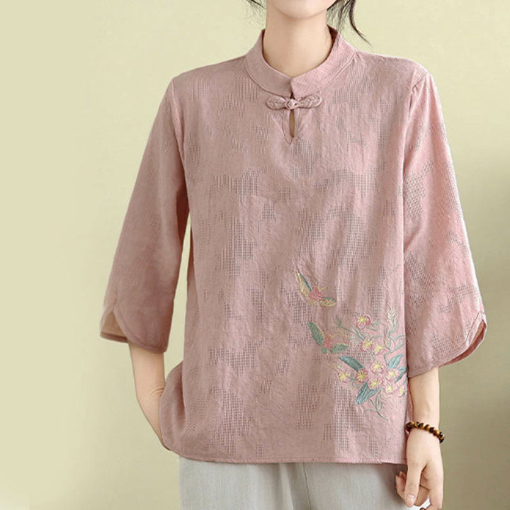 Buddha Stones Flower Embroidery Three Quarter Sleeve One Frog-Button Mandarin Collar Cotton Women's Shirt - image 17