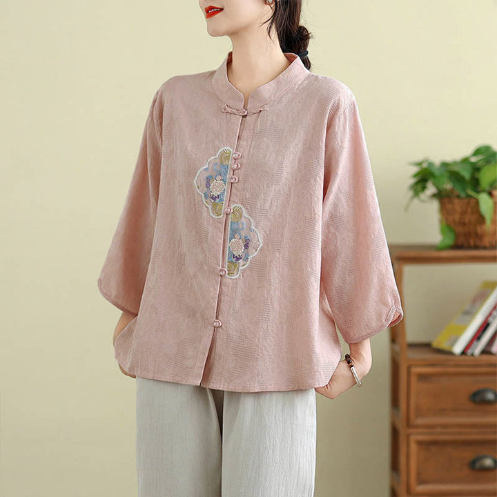 Buddha Stones Flower Embroidery Jacquard Three Quarter Sleeve Frog-Button Cotton Women's Shirt - LightPink - US12，UK/AU16，EU44 (3XL) - image 15