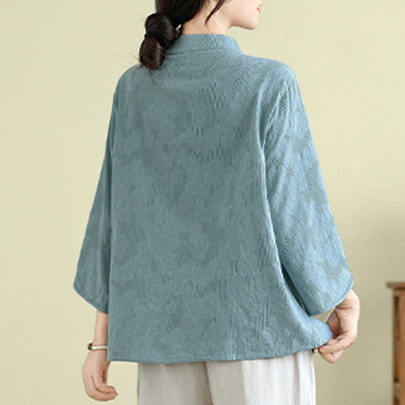 Buddha Stones Flower Embroidery Jacquard Three Quarter Sleeve Frog-Button Cotton Women's Shirt - image 12