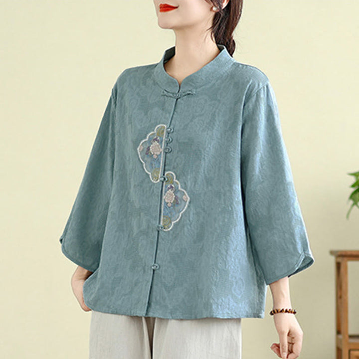 Buddha Stones Flower Embroidery Jacquard Three Quarter Sleeve Frog-Button Cotton Women's Shirt - image 13