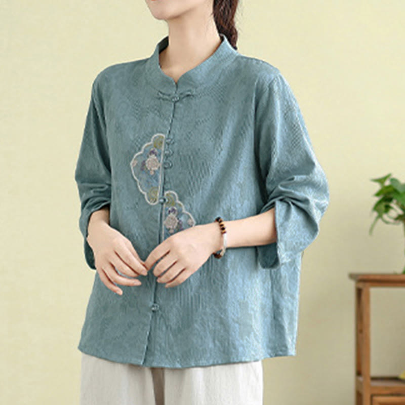 Buddha Stones Flower Embroidery Jacquard Three Quarter Sleeve Frog-Button Cotton Women's Shirt - image 11