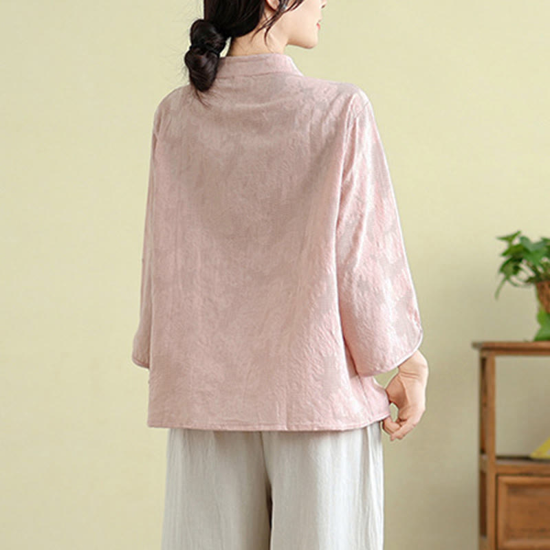 Buddha Stones Flower Embroidery Jacquard Three Quarter Sleeve Frog-Button Cotton Women's Shirt - image 18