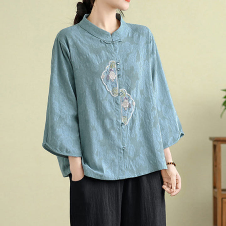 Buddha Stones Flower Embroidery Jacquard Three Quarter Sleeve Frog-Button Cotton Women's Shirt - image 14