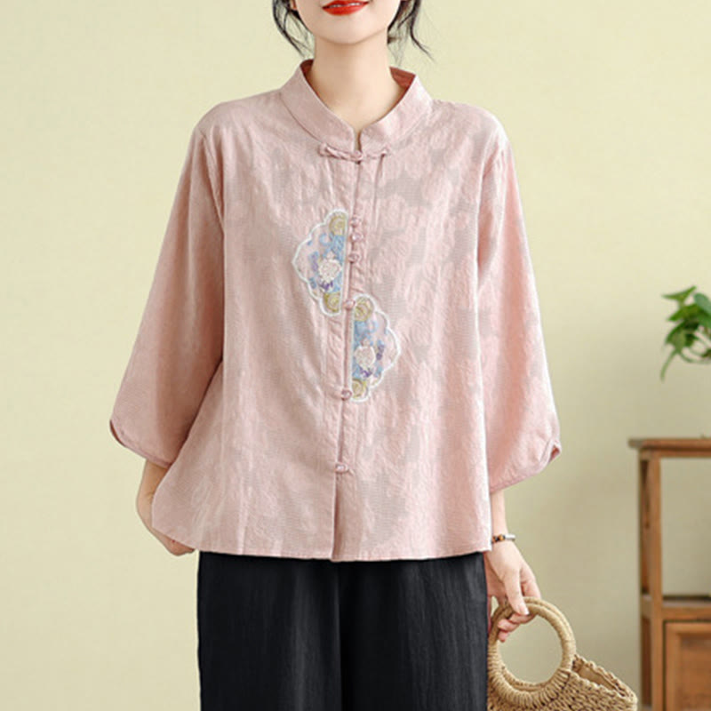 Buddha Stones Flower Embroidery Jacquard Three Quarter Sleeve Frog-Button Cotton Women's Shirt - image 20