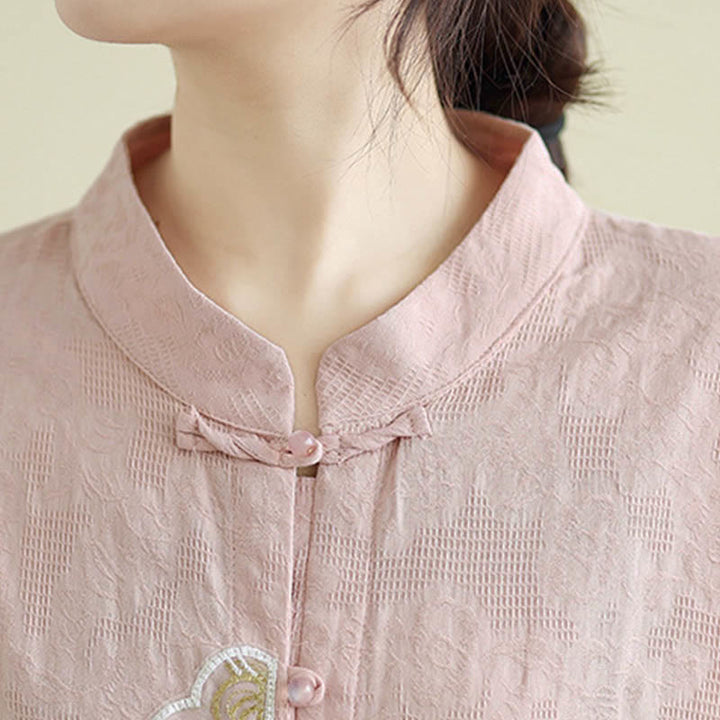 Buddha Stones Flower Embroidery Jacquard Three Quarter Sleeve Frog-Button Cotton Women's Shirt - image 22