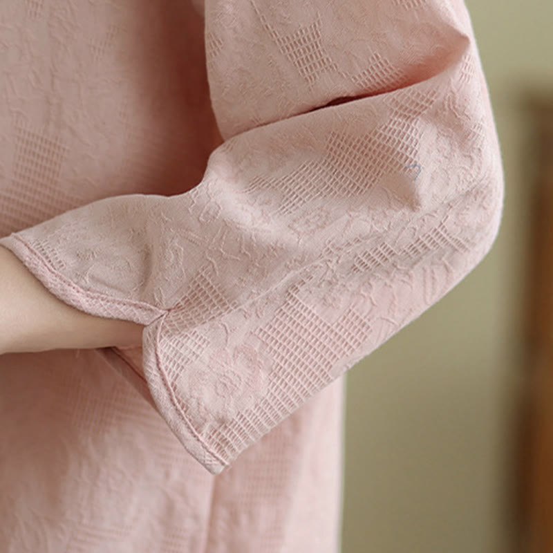 Buddha Stones Flower Embroidery Jacquard Three Quarter Sleeve Frog-Button Cotton Women's Shirt - image 23