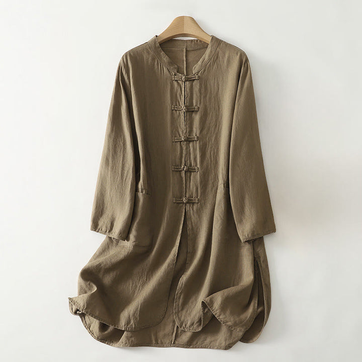 Buddha Stones Fall Solid Color Frog-Button Stand Collar Three Quarter Sleeve Mid-length Women's Cotton Shirt - Tan - US8-10，UK/AU12-14，EU40-42 (2XL) - image 1