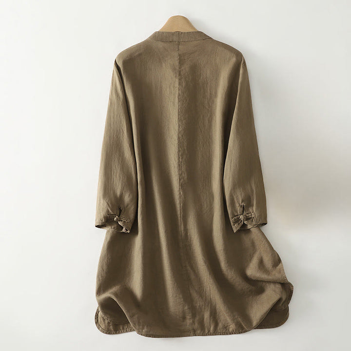 Buddha Stones Fall Solid Color Frog-Button Stand Collar Three Quarter Sleeve Mid-length Women's Cotton Shirt - image 2