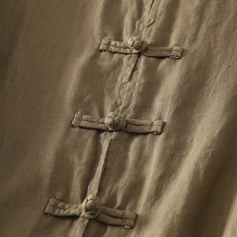 Buddha Stones Fall Solid Color Frog-Button Stand Collar Three Quarter Sleeve Mid-length Women's Cotton Shirt - image 4