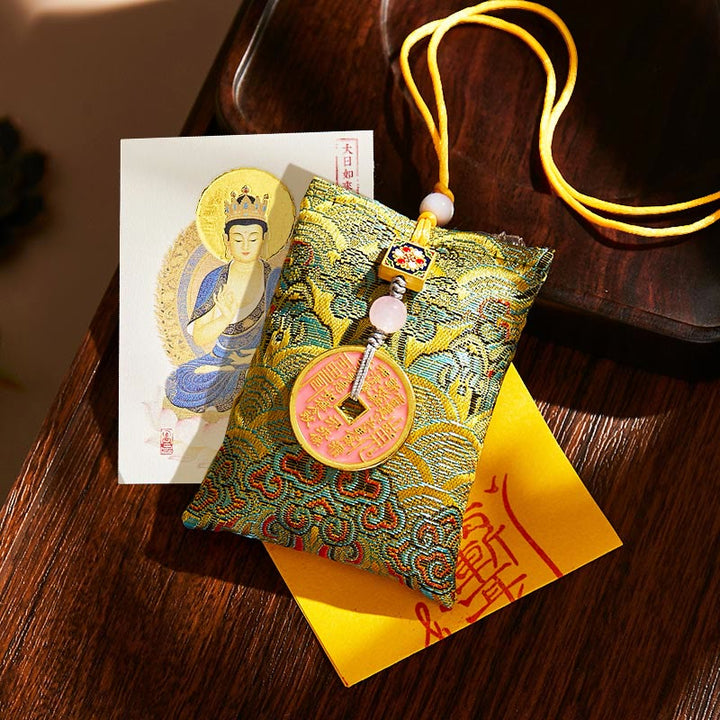 Buddha Stones Chinese Zodiac Natal Buddha Copper Coins Sachet Blessing Hanging Decoration - Green Fabric - Goat/Monkey-Tathagata - image 10