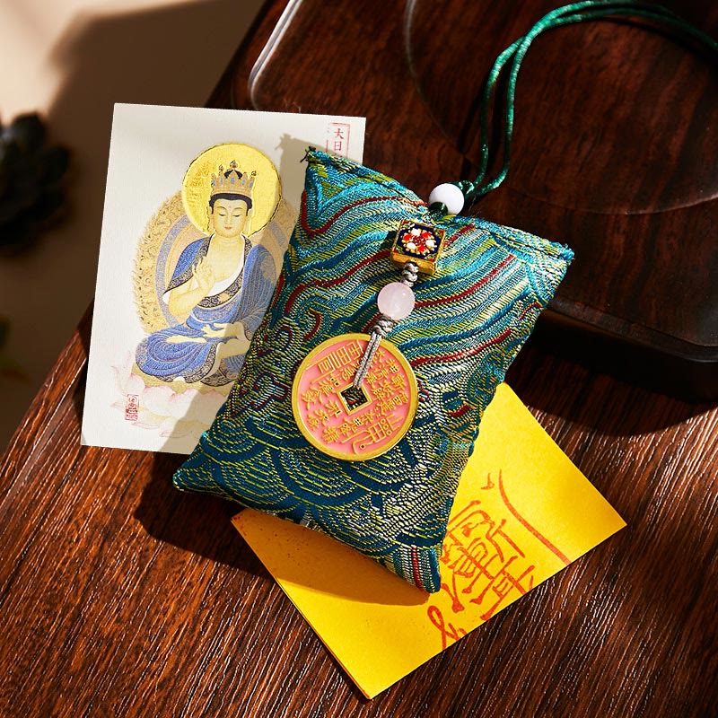 Buddha Stones Chinese Zodiac Natal Buddha Copper Coins Sachet Blessing Hanging Decoration - Dark Green Fabric - Goat/Monkey-Tathagata - image 21