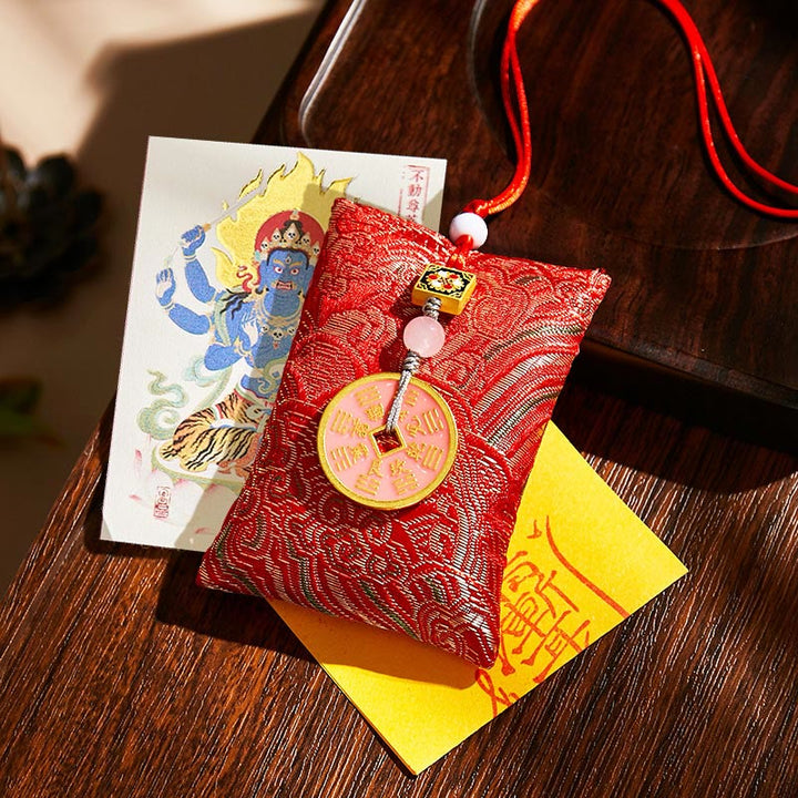 Buddha Stones Chinese Zodiac Natal Buddha Copper Coins Sachet Blessing Hanging Decoration - Red Fabric - Rooster-Acalanatha - image 27