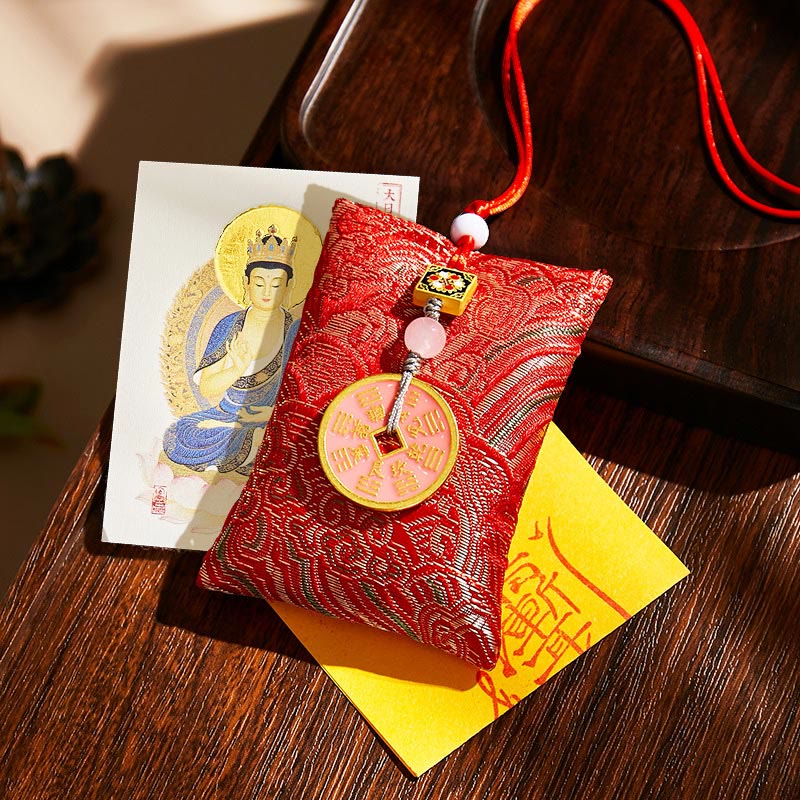 Buddha Stones Chinese Zodiac Natal Buddha Copper Coins Sachet Blessing Hanging Decoration - Red Fabric - Goat/Monkey-Tathagata - image 29