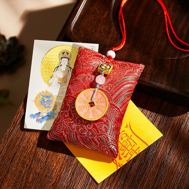 Buddha Stones Chinese Zodiac Natal Buddha Copper Coins Sachet Blessing Hanging Decoration - Red Fabric - Rabbit-Manjushri Bodhisattva - image 24
