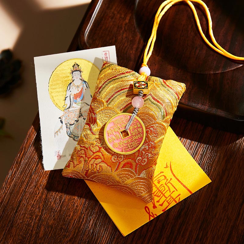 Buddha Stones Chinese Zodiac Natal Buddha Copper Coins Sachet Blessing Hanging Decoration - Yellow Fabric - Dragon/Snake-Samantabhadra Bodhisattva - image 46