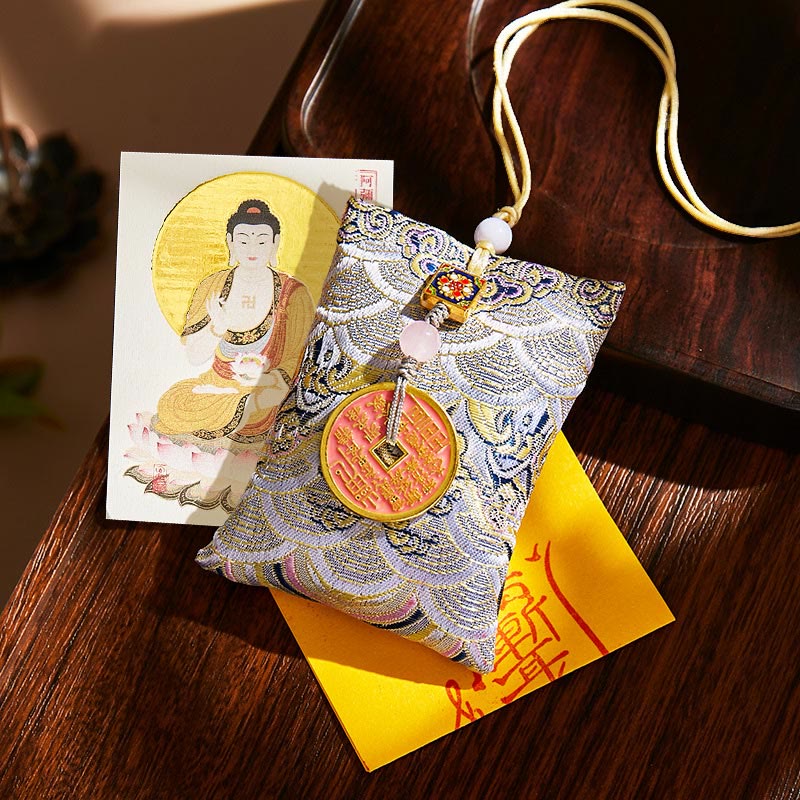 Buddha Stones Chinese Zodiac Natal Buddha Copper Coins Sachet Blessing Hanging Decoration - Gray Fabric - Dog/Pig-Amitabha Buddha - image 55