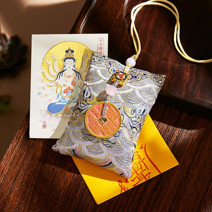 Buddha Stones Chinese Zodiac Natal Buddha Copper Coins Sachet Blessing Hanging Decoration - Gray Fabric - Rat-Thousand-armed Avalokitesvara - image 49