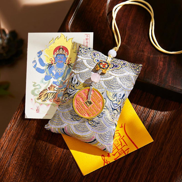 Buddha Stones Chinese Zodiac Natal Buddha Copper Coins Sachet Blessing Hanging Decoration - Gray Fabric - Rooster-Acalanatha - image 51