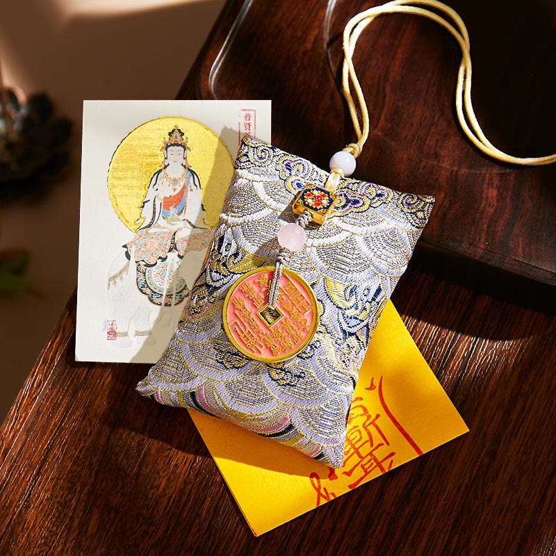 Buddha Stones Chinese Zodiac Natal Buddha Copper Coins Sachet Blessing Hanging Decoration - Gray Fabric - Dragon/Snake-Samantabhadra Bodhisattva - image 54