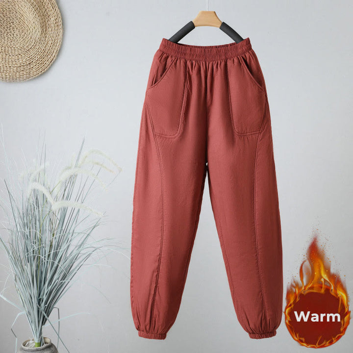 Buddha Stones Winter Elastic Waist Cotton Thermal Women's Cropped 7-8 Length Harem Pants With Pockets - Tomato - US8-10，UK/AU12-14，EU40-42 (2XL) - image 8