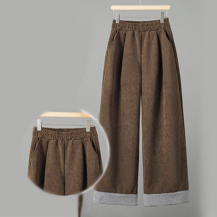 Buddha Stones Plain Elastic Waist Patchwork Plaid Women's Ankle-Length Wide Leg Corduroy Pants - image 2