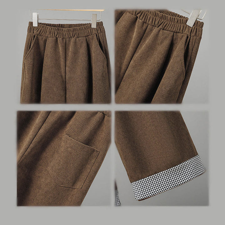 Buddha Stones Plain Elastic Waist Patchwork Plaid Women's Ankle-Length Wide Leg Corduroy Pants - image 8