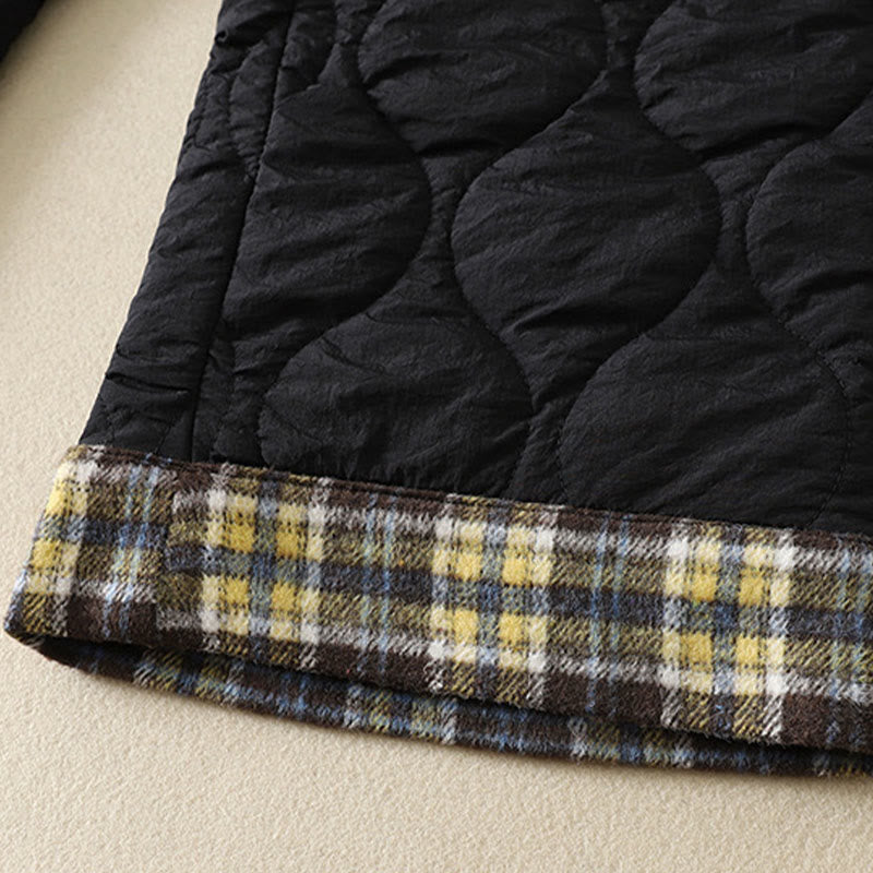 Buddha Stones Winter Curved Lines Elastic Waist Drawstring Patchwork Plaid Cotton Thermal Women's Pants With Pockets - image 3