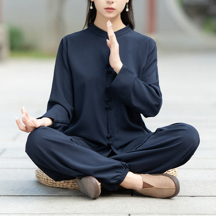 Buddha Stones 2Pcs Chinese Frog-Button Long Sleeve Shirt Top Pants Meditation Zen Tai Chi Cotton Clothing Women's Set - SteelBlue - US8-10，UK/AU12-14，EU40-42 (2XL) - image 0