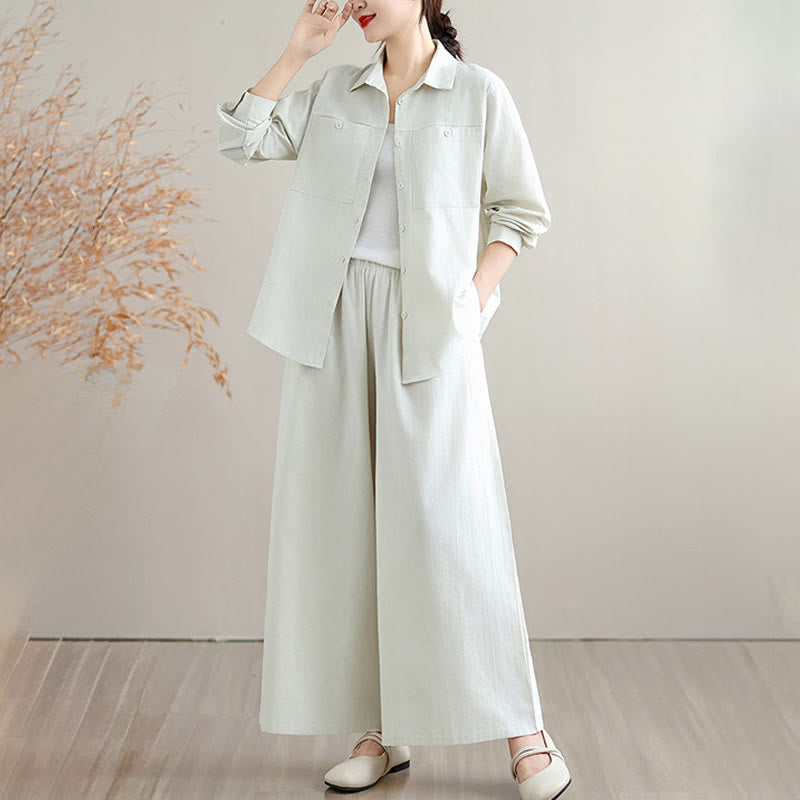 Buddha Stones 2Pcs Fall Solid Color Cotton Buttons Down Long Sleeve Shirt Ankle-Length Wide Leg Pants Women's Set With Pockets - Beige - US8-10，UK/AU12-14，EU40-42 (2XL) - image 0