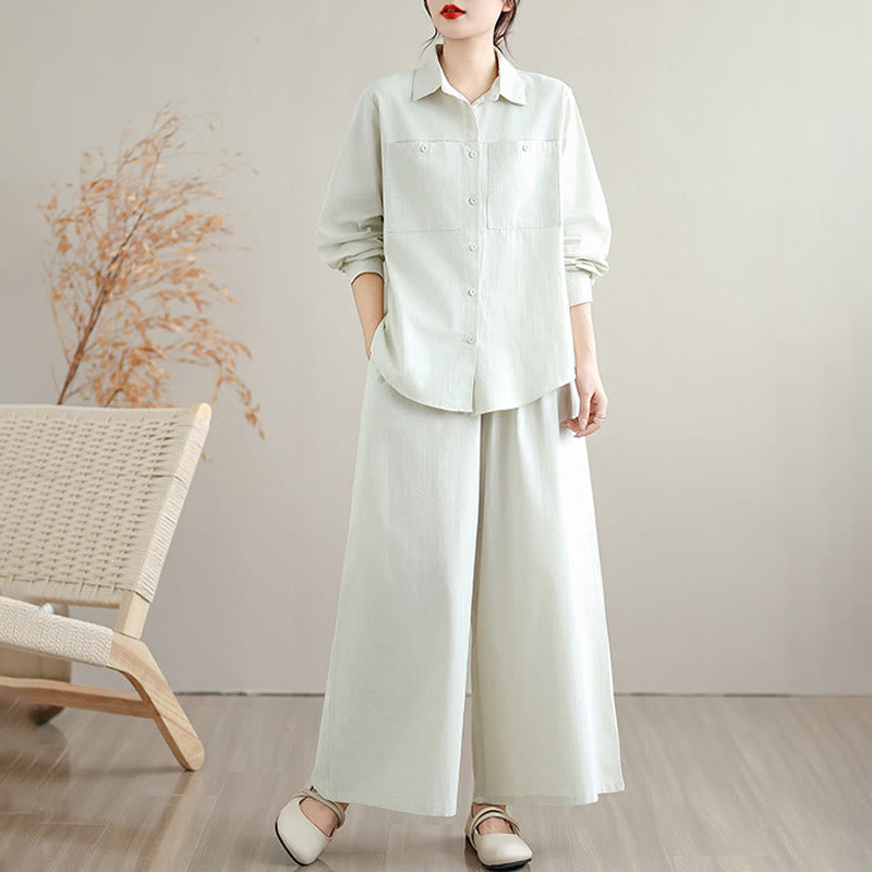 Buddha Stones 2Pcs Fall Solid Color Cotton Buttons Down Long Sleeve Shirt Ankle-Length Wide Leg Pants Women's Set With Pockets - image 1