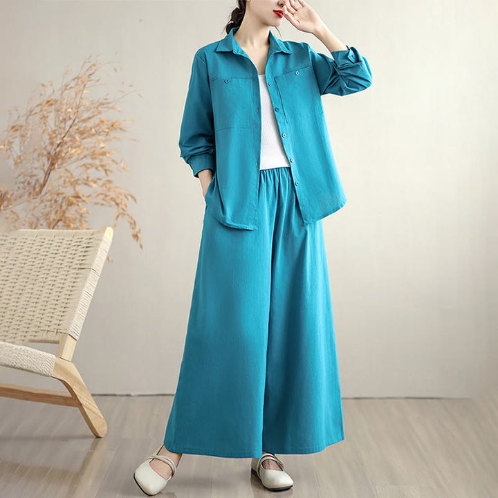 Buddha Stones 2Pcs Fall Solid Color Cotton Buttons Down Long Sleeve Shirt Ankle-Length Wide Leg Pants Women's Set With Pockets - DeepSkyBlue - US8-10，UK/AU12-14，EU40-42 (2XL) - image 12