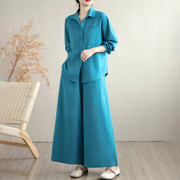 Buddha Stones 2Pcs Fall Solid Color Cotton Buttons Down Long Sleeve Shirt Ankle-Length Wide Leg Pants Women's Set With Pockets - image 16
