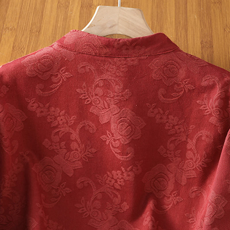 Buddha Stones Fall Jacquard Floral Print Frog-Button Stand Collar Long Sleeve Women's Cotton Shirt - image 3