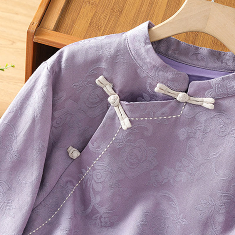 Buddha Stones Fall Jacquard Floral Print Frog-Button Stand Collar Long Sleeve Women's Cotton Shirt - image 12