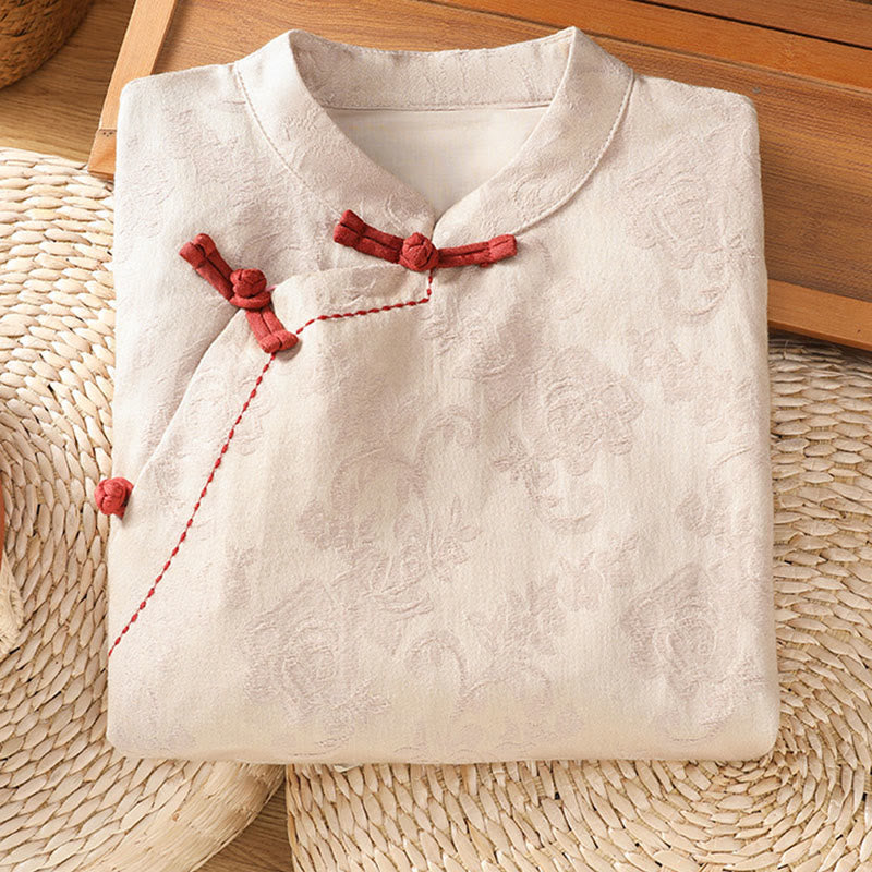Buddha Stones Fall Jacquard Floral Print Frog-Button Stand Collar Long Sleeve Women's Cotton Shirt - image 18