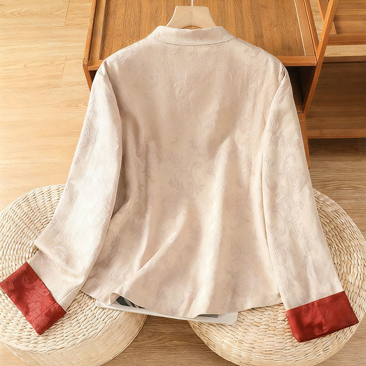 Buddha Stones Fall Jacquard Floral Print Frog-Button Stand Collar Long Sleeve Women's Cotton Shirt - image 17