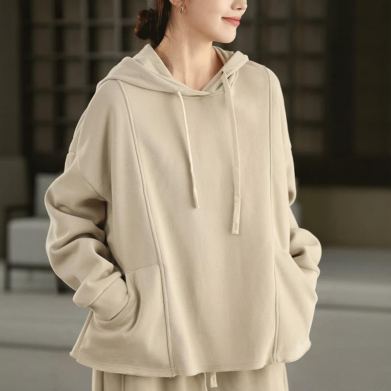 Buddha Stones Winter Solid Color Fleece-lined Cotton Long Sleeve Women's Hoodie With Pockets - Beige - US4-8/10，UK/AU8-12/14，EU36-40/42 (F) - image 14