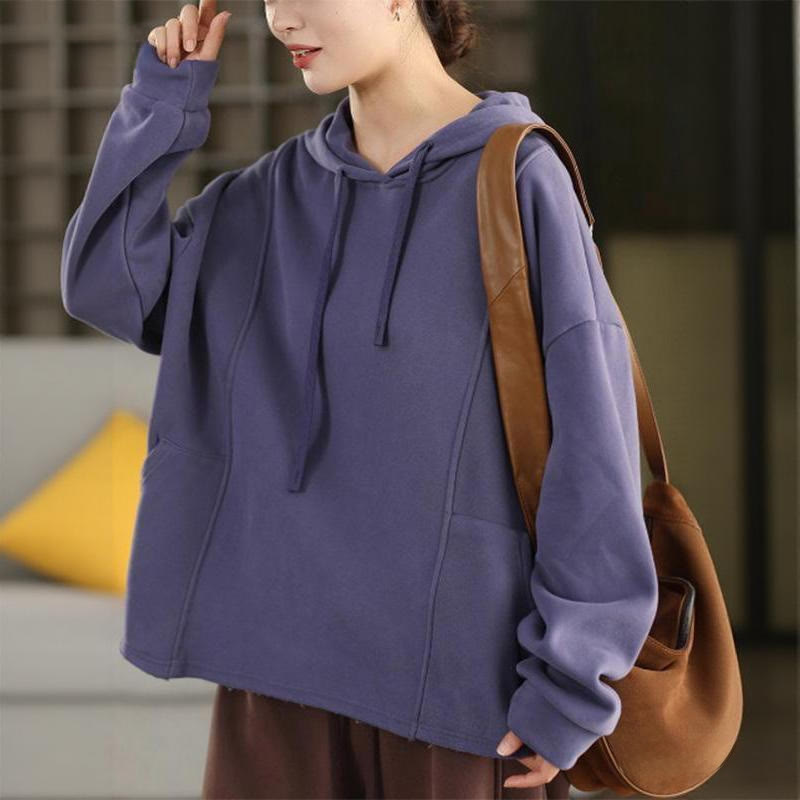 Buddha Stones Winter Solid Color Fleece-lined Cotton Long Sleeve Women's Hoodie With Pockets - image 8