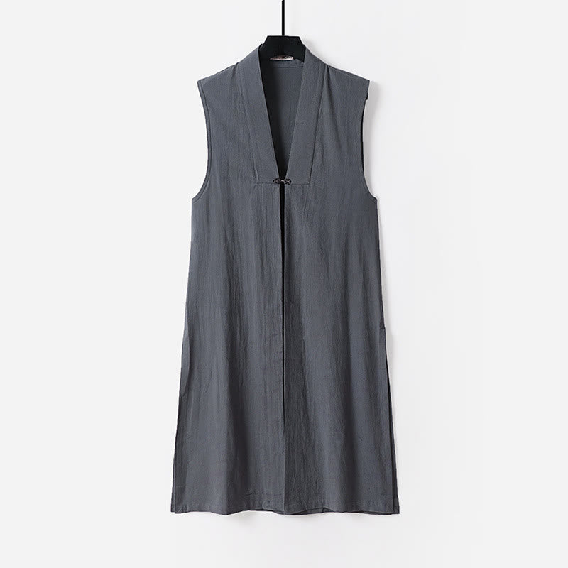 Buddha Stones 2Pcs Fall Solid Long Sleeve Men's Taoist Long Robe Lace-up Kimono Sleeveless Vest Qigong Ceremony Suit - image 5