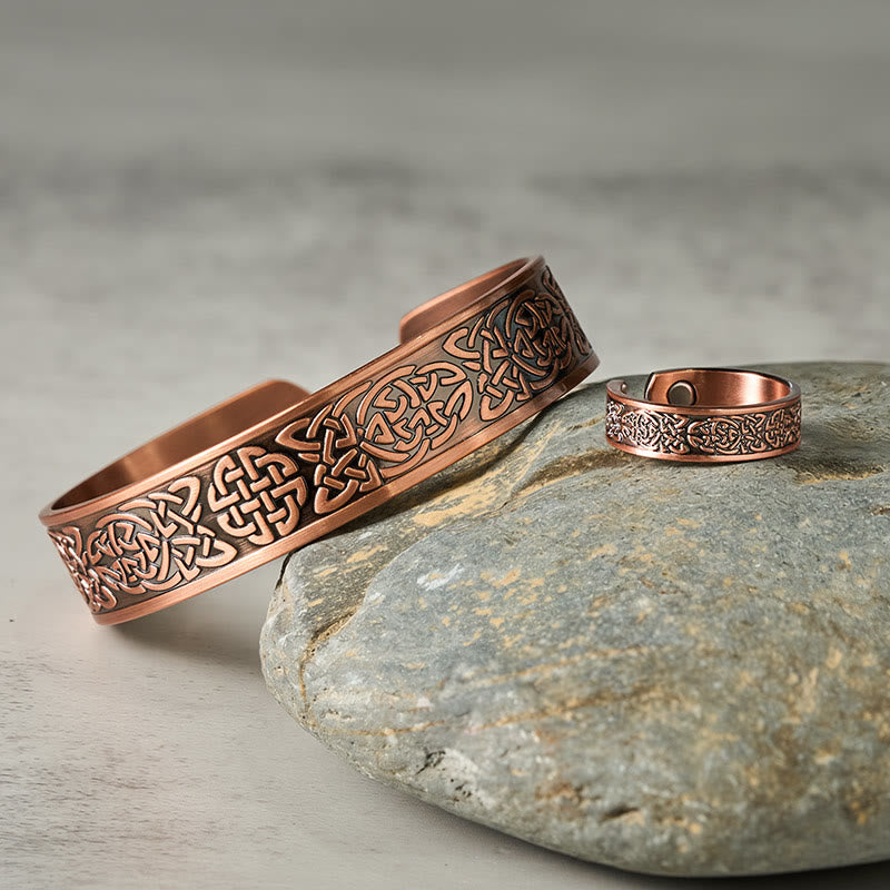 Buddha Stones Copper Abstract Line Pattern Open Luck Cuff Bracelet Bangle Ring - image 12