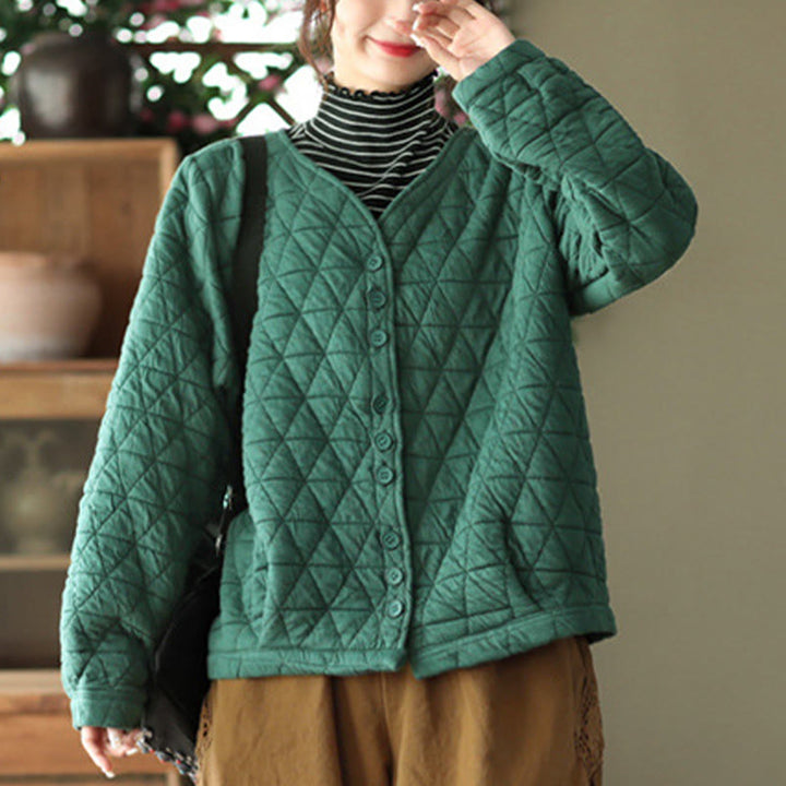 Buddha Stones Winter Cotton Long Sleeve Diamond Pattern Women's Thermal Jacket With Pockets - image 4