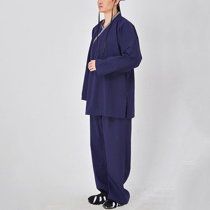 Buddha Stones 2Pcs Wudang Fall Solid Frog-Button Long Sleeve Linen Unisex Taoist Robe Kimono Pants Qigong Ceremony Suit - image 6