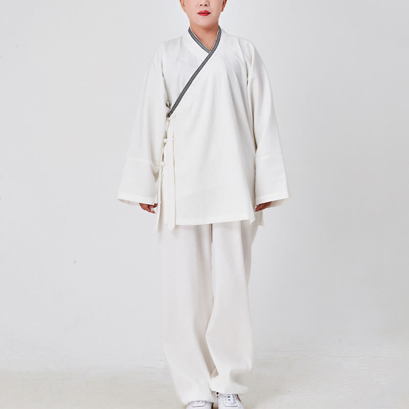 Buddha Stones 2Pcs Wudang Fall Solid Frog-Button Long Sleeve Linen Unisex Taoist Robe Kimono Pants Qigong Ceremony Suit - image 1