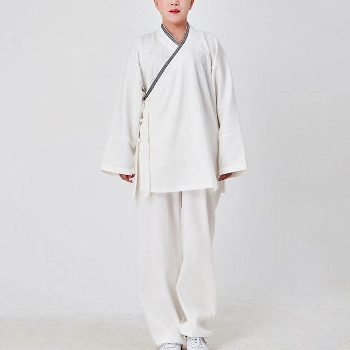 Buddha Stones 2Pcs Wudang Fall Solid Frog-Button Long Sleeve Linen Unisex Taoist Robe Kimono Pants Qigong Ceremony Suit - image 1